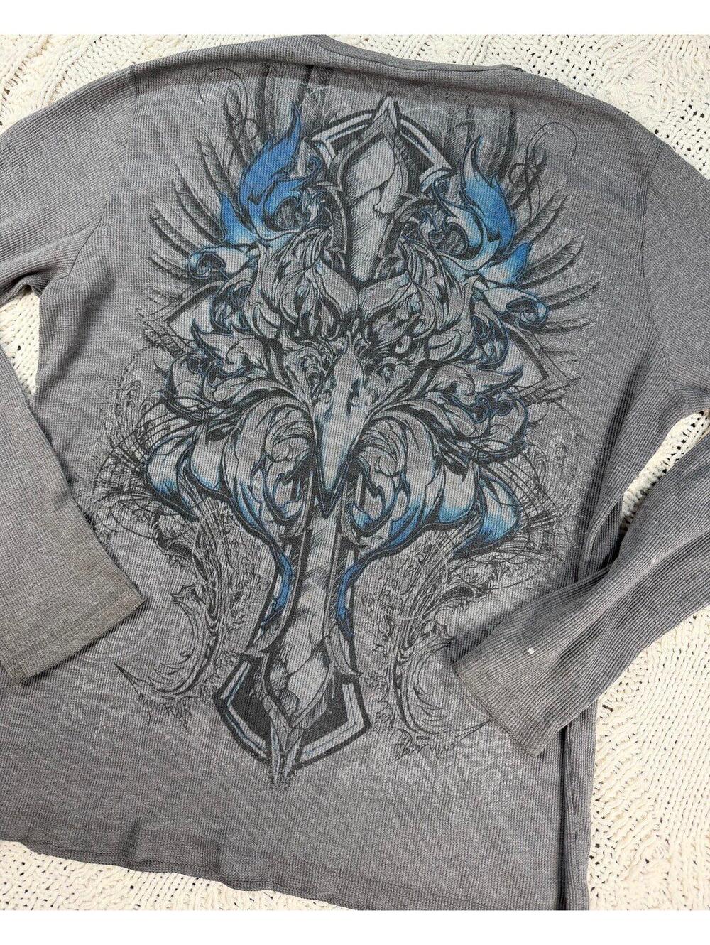 Vintage Y2K MMA Elite Shirt Mens Large Gray Long Sleeve Thermal AOP Grunge Wings